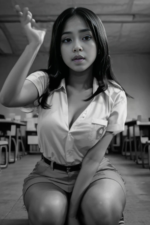 beautiful triani nur anissa, indonesian student, squatting a man, spreading legs, man penis inserting her vagina, woman on top, riding sex, in crowded classroom, man hands grab her breast, (breast grab), pov hands breast grabbing, at crowded classroom, above view, bottomless, unbuttoned white shirt, curvy_figure, cleavage, round breast, pale skin, straight hair, real detailed, realistic, hd
