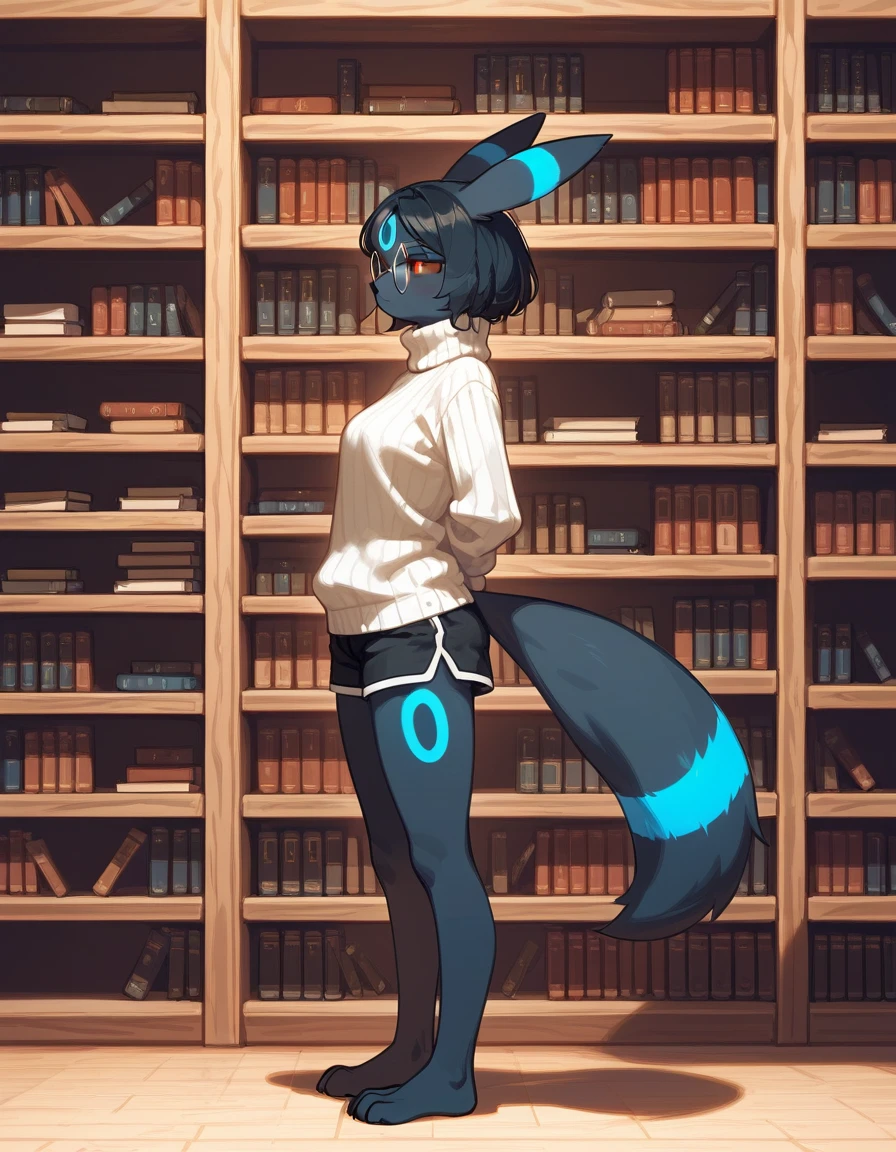 score_9,score_8_up,score_7_up, anthro, furry female, black hair, umbreon, Pokemon, umbreon tail, black turtleneck sweater, black shorts, big round glasses, hands behind back, jitome, bored expression, serious expression, in a library, side view, looking at a shelf of books, standing, on her tip toes, feet paws with four toes,