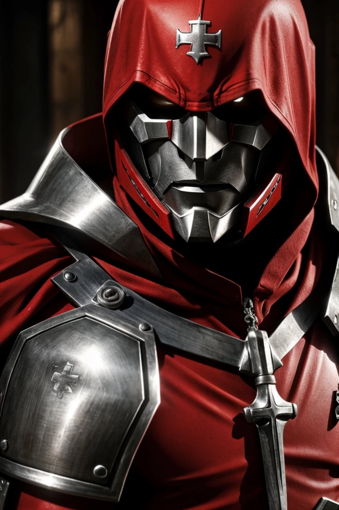 ((HD)), (Realistic), templar with red hood, silver armor with a red cross painted on the chest plate , rising sun