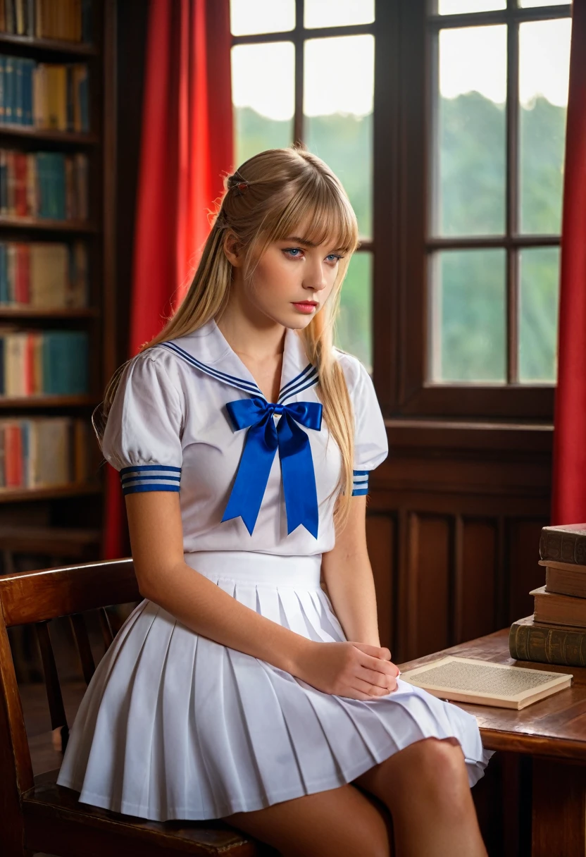((masterpiece,Highest quality, High resolution)), One girl, alone, Green Eyes, Long blonde hair tied with a blue ribbon, Blunt bangs, Sitting, Arms folded on the table, Sleep arm in arm, , White Seraphim, Red Sailor Collar, Short sleeve, White pleated skirt, (In the library), Dramatic Light, Next to the window, afternoon light through the window, afternoon, Bokeh effect