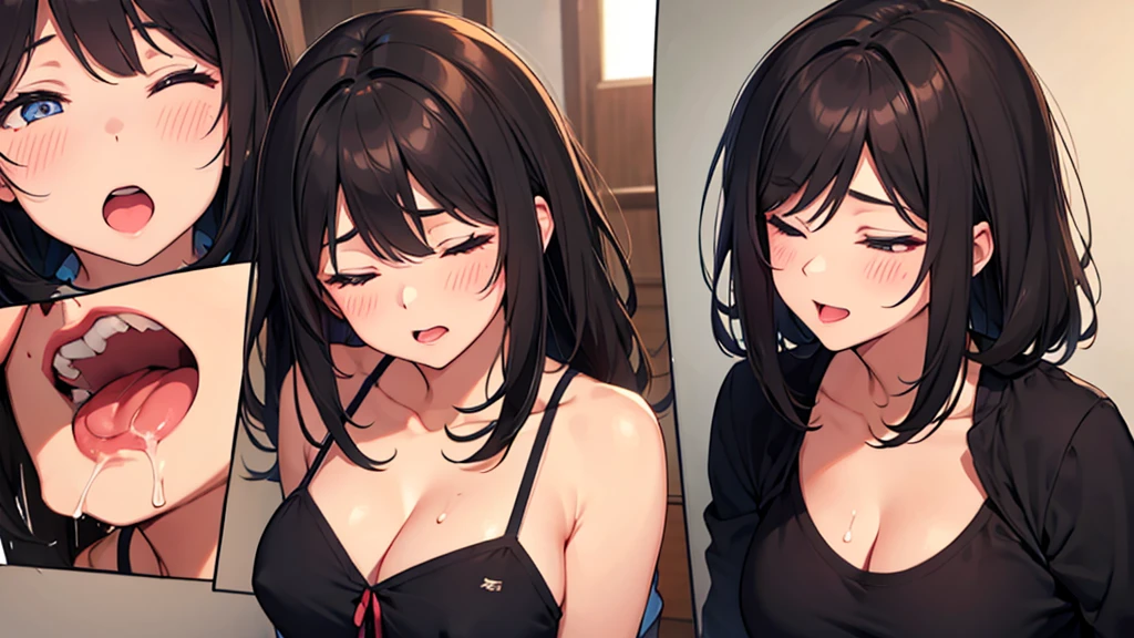 Dark hair, eyes closed, orgasm, mouth open, cleavage, blush, facing front, upper body