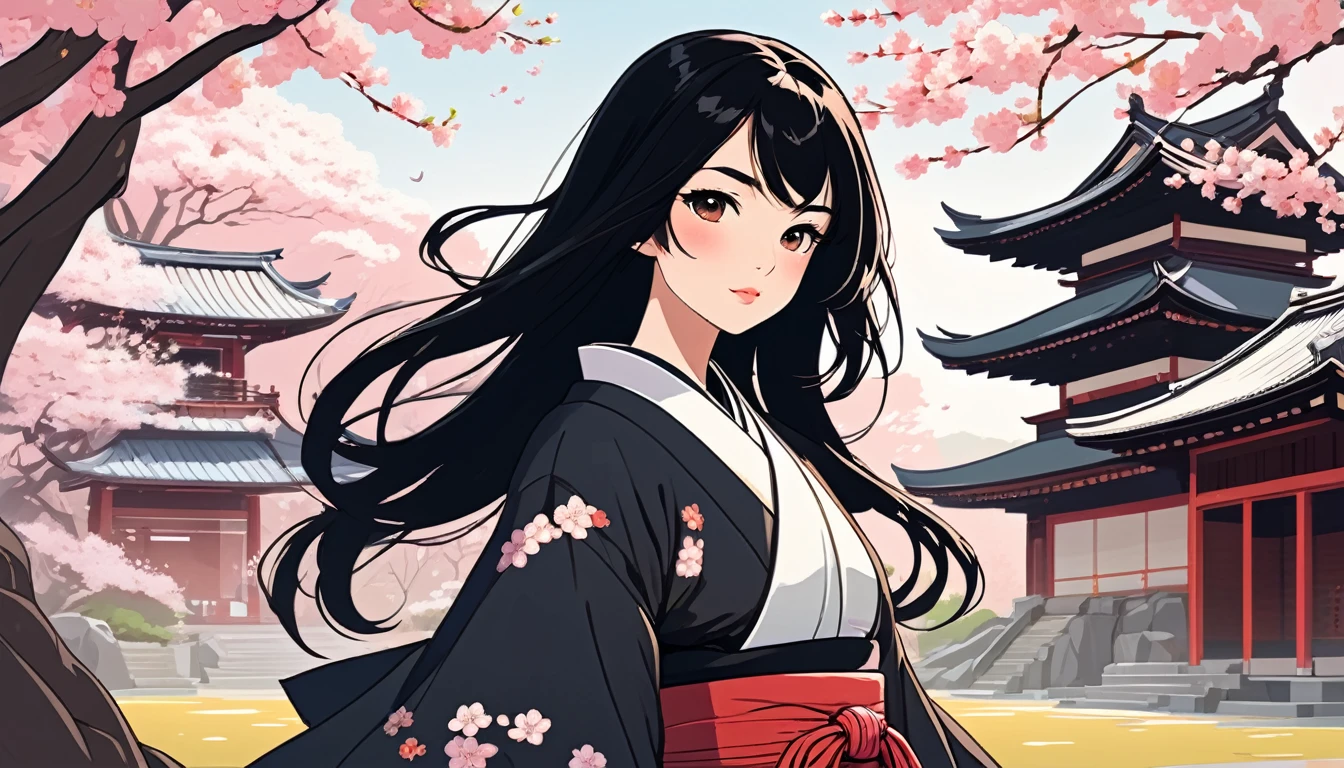 Female Samurai,Long black hair、Background is cherry blossoms and a Japanese temple、 Wide-angle lens, Lofi Anime, Lofi illustration, Aesthetic atmosphere, Lo-Fi Style, Vector art, Flat Design, Simple shape, Warm tones, Pleasant atmosphere, Chill, In anime style, Digital drawing, Vector art, Vector logo for t-shirt printing, (Adorable:1.5), (small:1.4), (Playful:1.2), (soft:1.3), (Whimsical:1.1), masterpiece, Highest quality, 8K, Intricate details, grow, Celestial, Mysterious, Picturesque, amazing, Majestic, Magic, Fantasy art, Cover art, dream-like