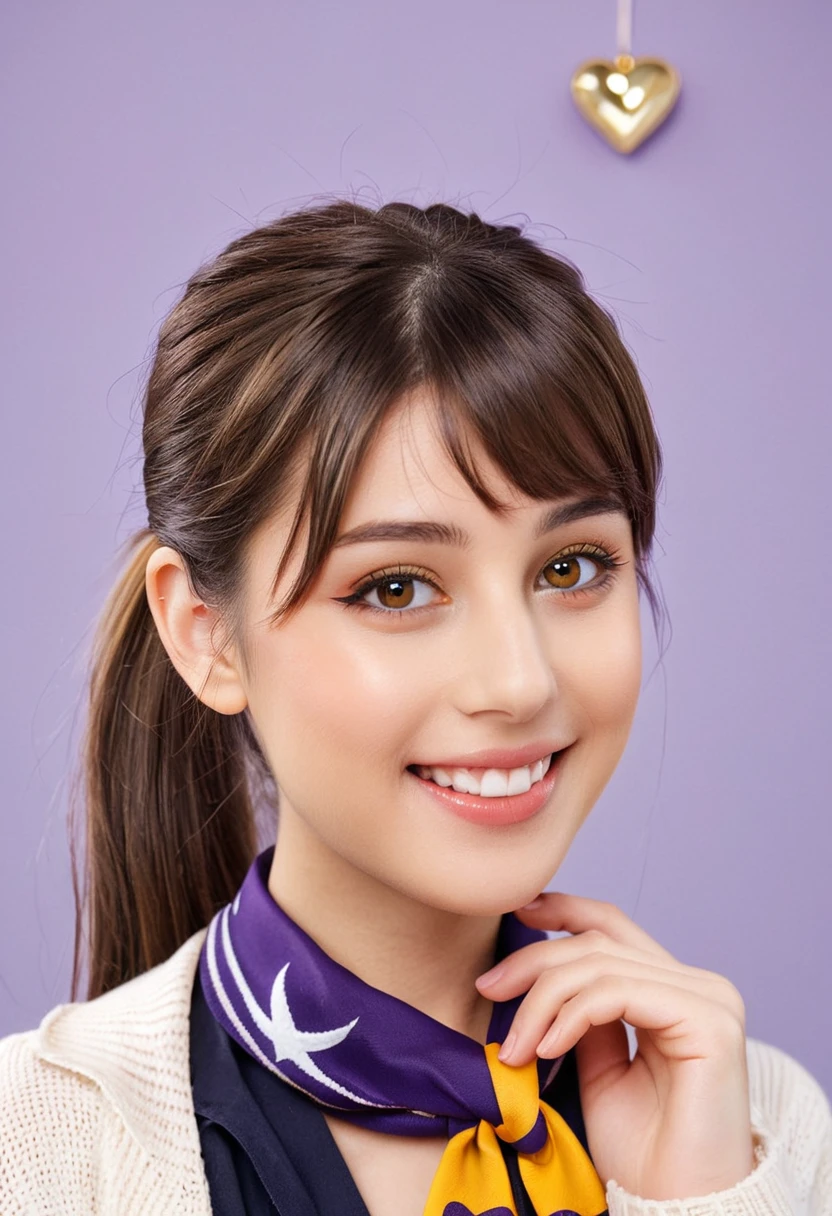 Ichige style, One girl, alone, Brown Hair, heart, hair ornaments, , Side Ponytail, smile, View your viewers, neckerchief, Upper Body, heart hair ornaments, cardigan, Sailor collar, Seraphim, black Sailor collar, bangs, Yellow Eyes, Mouth closed, Long Hair, Brown eyes, purple neckerchief, Striped background, clavicle, Striped, Polka dot pattern, star (symbol)