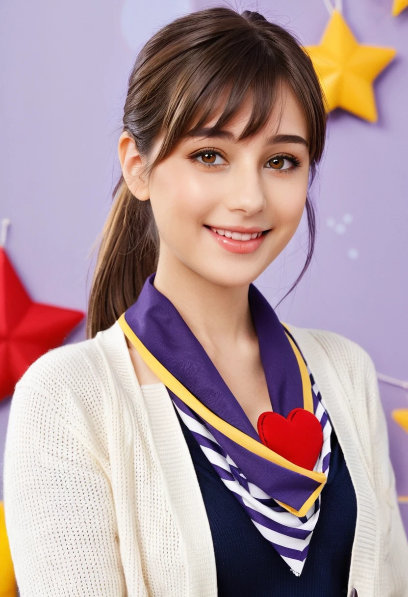 Ichige style, One girl, alone, Brown Hair, heart, hair ornaments, , Side Ponytail, smile, View your viewers, neckerchief, Upper Body, heart hair ornaments, cardigan, Sailor collar, Seraphim, black Sailor collar, bangs, Yellow Eyes, Mouth closed, Long Hair, Brown eyes, purple neckerchief, Striped background, clavicle, Striped, Polka dot pattern, star (symbol)