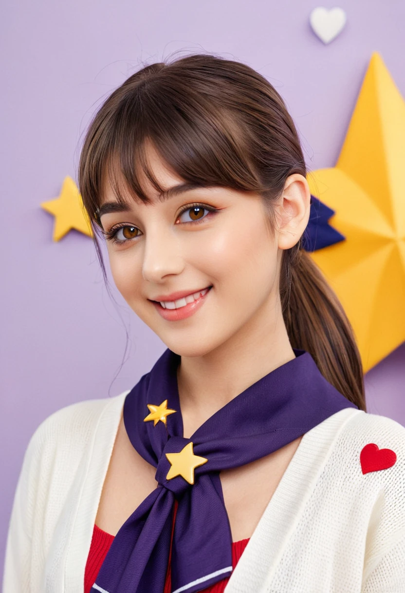 Ichige style, One girl, alone, Brown Hair, heart, hair ornaments, , Side Ponytail, smile, View your viewers, neckerchief, Upper Body, heart hair ornaments, cardigan, Sailor collar, Seraphim, black Sailor collar, bangs, Yellow Eyes, Mouth closed, Long Hair, Brown eyes, purple neckerchief, Striped background, clavicle, Striped, Polka dot pattern, star (symbol)