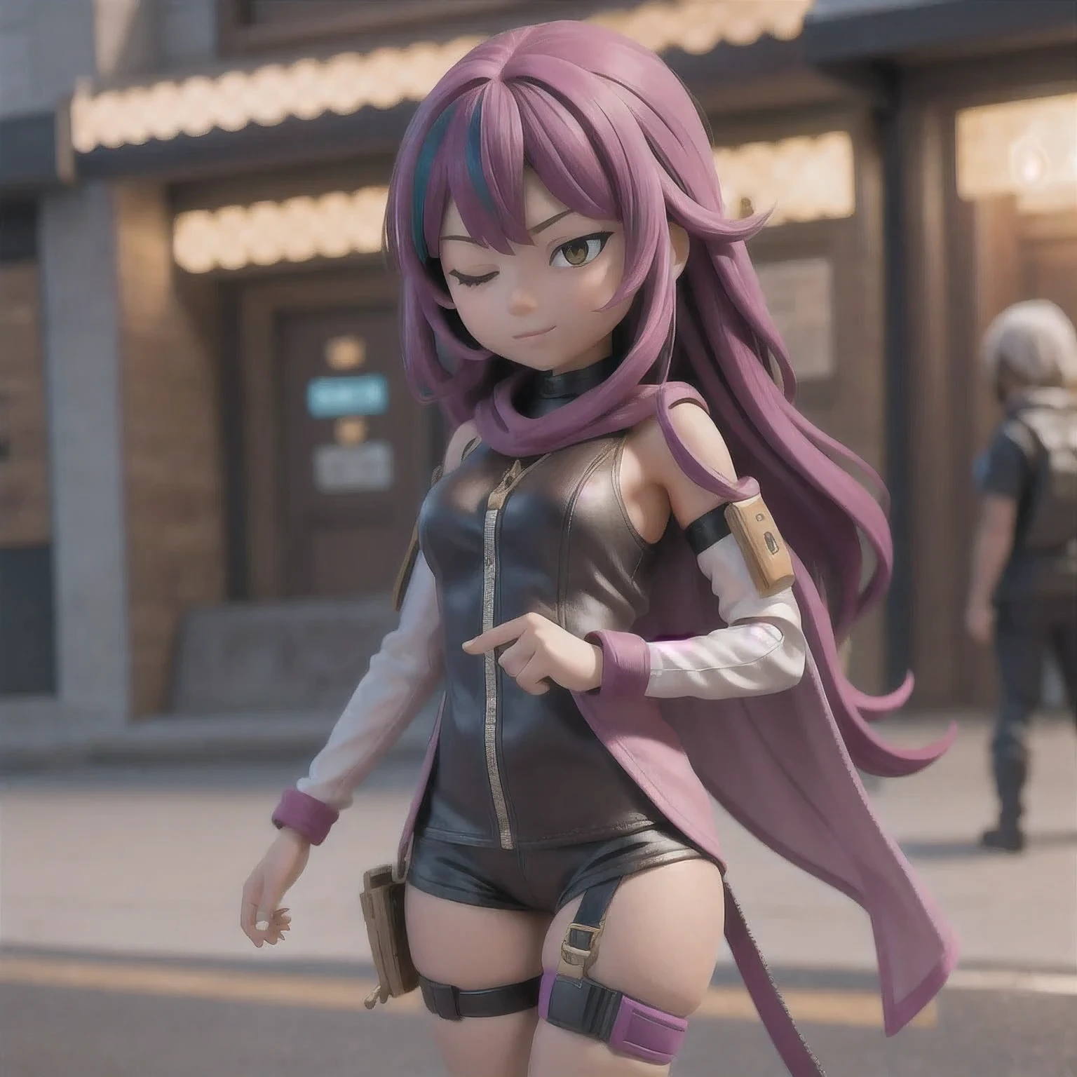 fish
1girl
bangs
blurry
blurry background
blurry foreground
breasts
brown eyes
closed mouth
depth of field
gun
long hair
looking at viewer
mecha
mole
motion blur
multicolored hair
pink hair
smile
solo
thigh strap