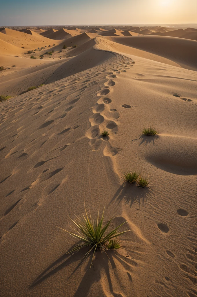 The sand dunes are up close, showing the intricate patterns created by the wind. The grains of sand vary in size and color, from golden to reddish-brown. Small pebbles and rocks are scattered across the dunes, adding texture to the landscape.
Vegetation: Hardy desert shrubs and small clumps of grass are visible, their roots exposed slightly as they cling to the shifting sands. These plants are sparse but add a touch of life to the arid environment.
Rocky Outcrops: Jagged rocks protrude from the sand, their surfaces weathered and cracked. These rocks provide a stark contrast to the smooth dunes and show the harsh conditions of the desert.
Ancient Structures: In the close-up view, parts of an ancient Chinese pagoda can be seen. The pagoda’s detailed wooden carvings and layered roofs with upturned eaves are visible, showcasing the intricate craftsmanship. A section of the Great Wall is also nearby, its massive stones worn but still formidable.
Sky: The lower part of the sky is filled with the warm colors of the setting sun, casting a golden light on the sand and structures. Shadows are long and dramatic, creating a sense of depth and emphasizing the contours of the dunes and rocks.
Atmosphere: The close-up view captures the details of the battleground, highlighting the harshness and beauty of the desert. The dramatic lighting