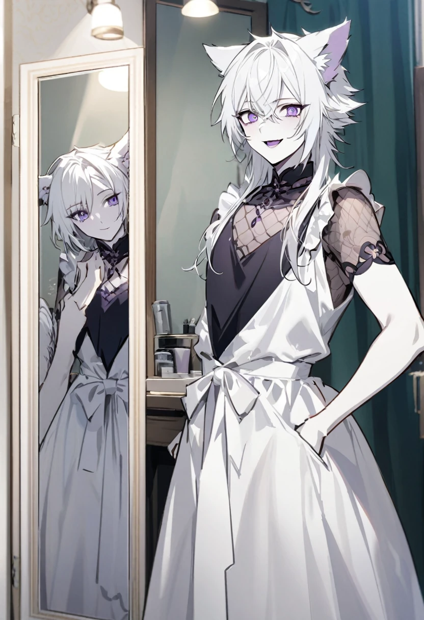 create panel in the art style of mo dao zu shi hybrid character with wolf ears,masculine and dominant gender, short wolfcut white hair , purple raven iris eyes,pale skin, wearing a white lolita fashion dress looking in the mirror of a dressing room with a cheerful smile
