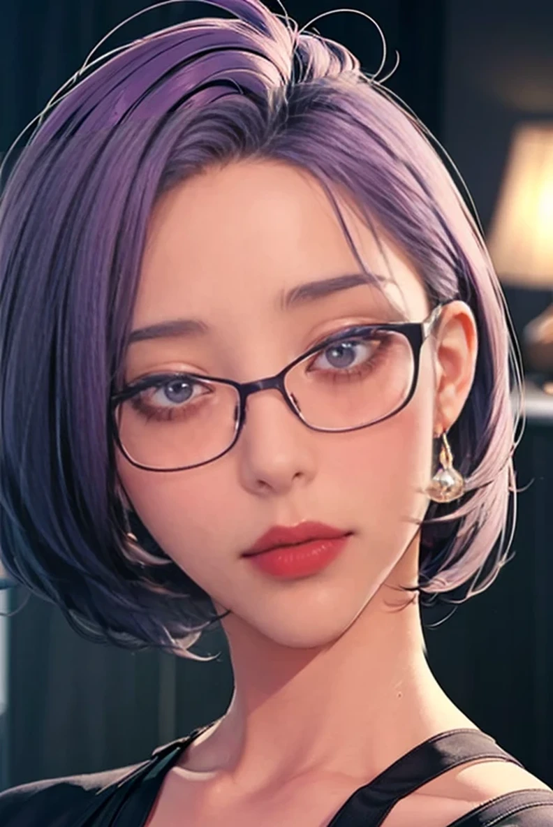 （（（Perfect number，number， （（（JMT,Glasses,Purple Hair,short hair,Purple Eyes,）））型number:1.7））），((masterpiece)),high resolution, ((Best quality at best))，masterpiece，quality，Best quality，（（（ Exquisite facial features，Looking at the audience,There is light in the eyes，Happy，Interweaving of light and shadow，））），（（（Looking at the camera，)）））