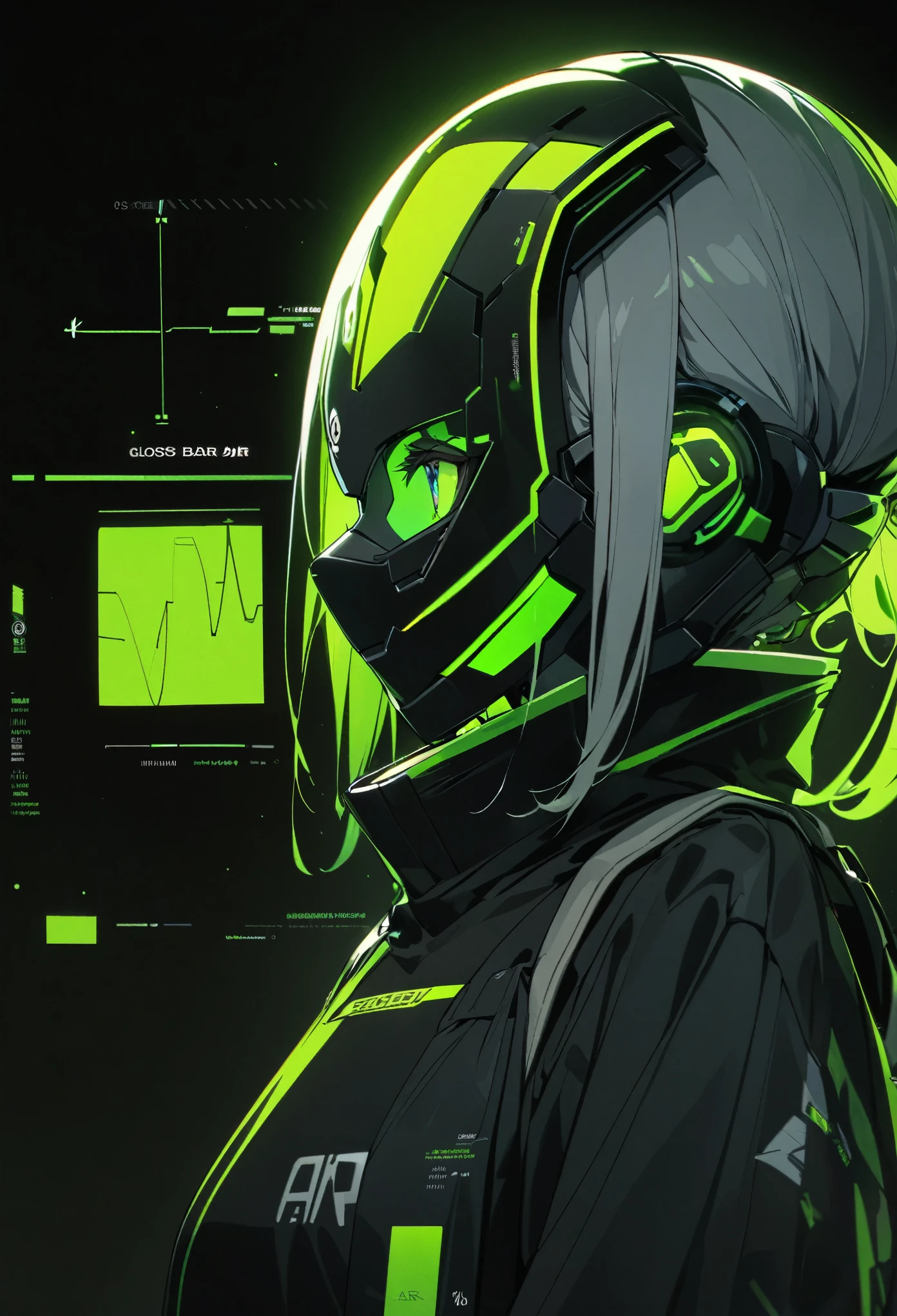 extremely clear 8K wallpaper, extremely delicate and detailed face:1.3, absurdres, masterpiece, glossiness, An android girl wearing a full face mask., The entire surface of the mask she is wearing is a display and fluorescent green information is displayed on an opaque black background., target mark, seek bar, line graph