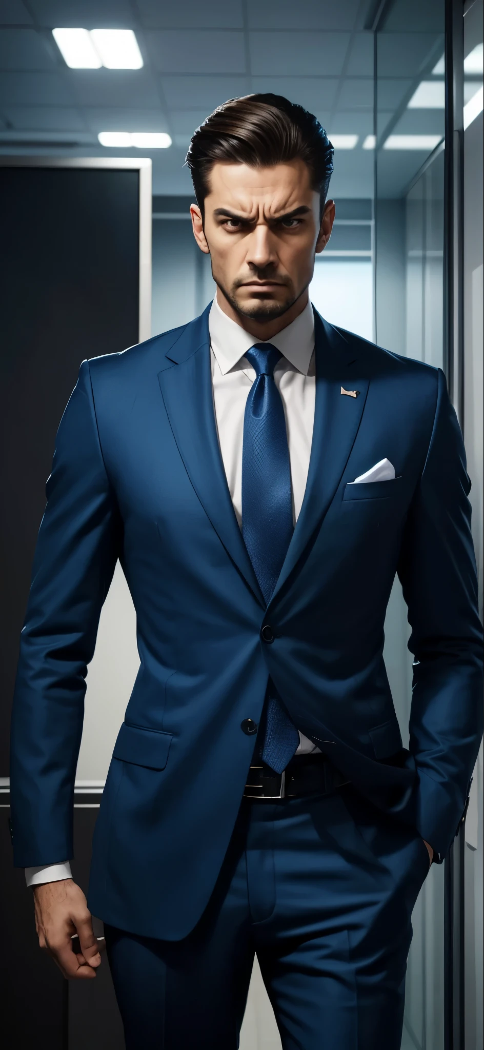 A strict and authoritative man, dressed in a blue suit, representing the ISTJ (Administrator) MBTI personality type. He is depicted with an intense and angry expression, showcasing his frustration. His posture is rigid and commanding, emphasizing his disciplined and organized nature. The background should be a structured and formal environment, such as an office or a meeting room, highlighting his professional and stern presence. The colors should be sharp and clear, with the blue of his attire standing out to emphasize his personality type.