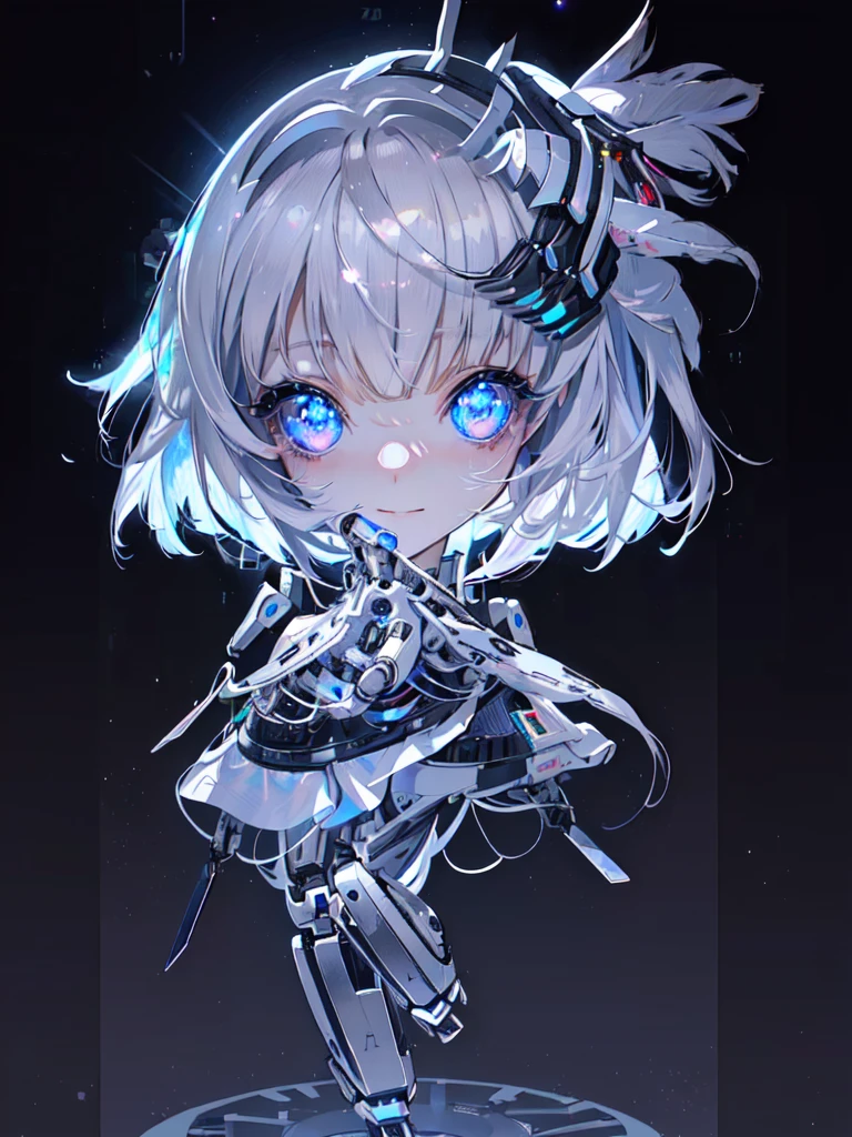 Super cute ai girl with sparkling eyes full body 3D image, 1, Nice eyes, big eyes, beautiful, happy, C4D, Long white hair, Kawaii, Humanoid, AIBionic Man,Silver lines,Metal patch,Mechanical accessories,Bionic Man,脸上Silver lines。