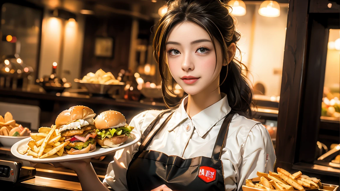 masterpiece, highest quality, Highest image quality, High resolution, photo realistic, Raw photo, apron, Fast Food Worker, burger, fried chip, food tray, oven