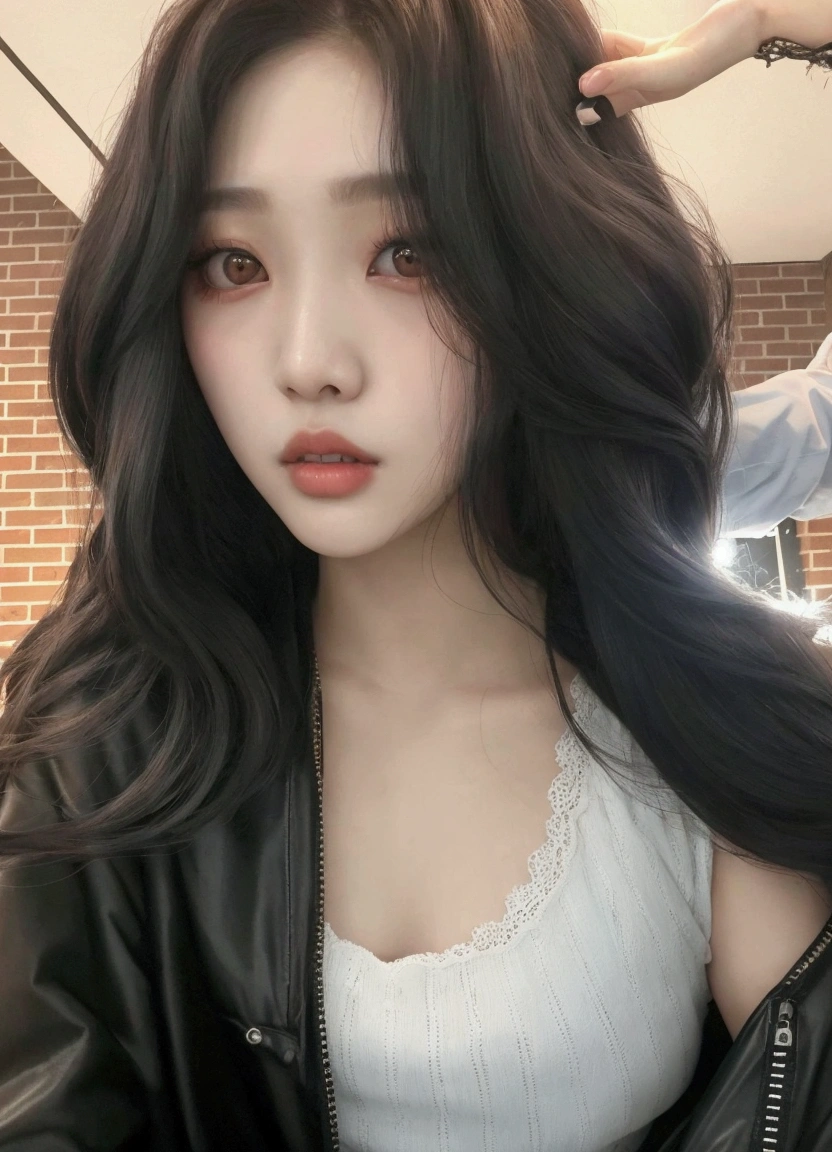 a closeup of a woman with long hair and a jacket, ulzzang, jinyoung shin, korean girl, jaeyeon nam, beautiful south korean woman, Beautiful young Korean woman, pale korean adorable face, Beautiful young Korean woman, heonhwa choe, South Korean popular makeup, cruel korean gothic girl, Popular Korean makeup, Sakimichan, bae suzy