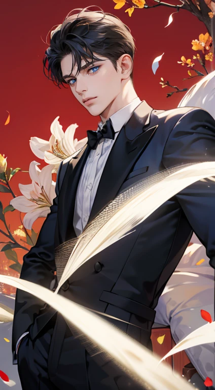 ((masterpiece)),(((best quality))), (detailed light) (detailed shadow), (high quality, breathtaking),(expressive eyes, perfect face), 1man, 32 years, solo, male, tall, (mature), board shoulder, muscular, short black Quiff hair with Soft Fringe (bangs part on side 3:7 ratio), blue eyes, no smiling, black suit, black tie, Amaryllis flower background, flower petal flying, windy, look at viewer
