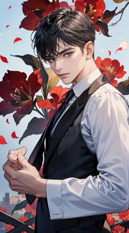 ((masterpiece)),(((best quality))), (detailed light) (detailed shadow), (high quality, breathtaking),(expressive eyes, perfect face), 1man, 32 years, solo, male, tall, (mature), board shoulder, muscular, short black Quiff hair with Soft Fringe (bangs part on side 3:7 ratio), blue eyes, no smiling, black suit, black tie, Amaryllis flower background, flower petal flying, windy, look at viewer