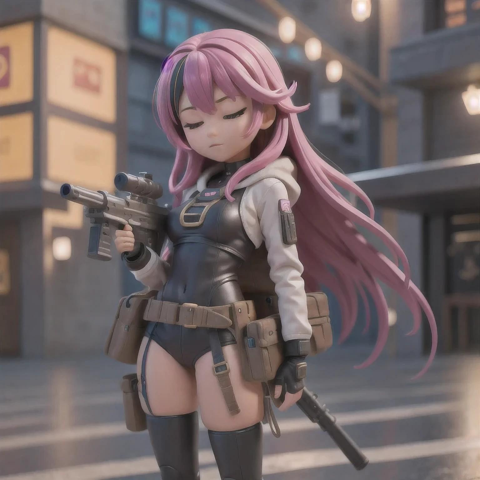 fish
1girl
bangs
blurry
blurry background
blurry foreground
breasts
brown eyes
closed mouth
depth of field
gun
long hair
looking at viewer
mecha
mole
motion blur
multicolored hair
pink hair
smile
solo
thigh strap
