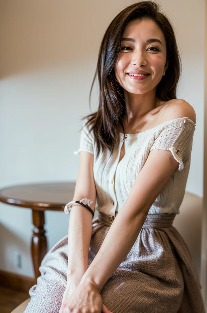 (8K、RAWE Photo、Highest quality、masterpiece:1.2)、(Real、Photorealistic:1.37)、Super detailed、Ultra-high resolution、1 girl、Beautiful detailed face、(Feather Cut: 0.6)、Professional Lighting、The lighting is bright、actress、model、Japanese、Full body、Wide-angle shot、Daytime、bright、 simple background ,Simple Background、Model posing, full body , cowboy shot ,40-year-old woman、Mature Woman、smile、Left arm slightly raised、