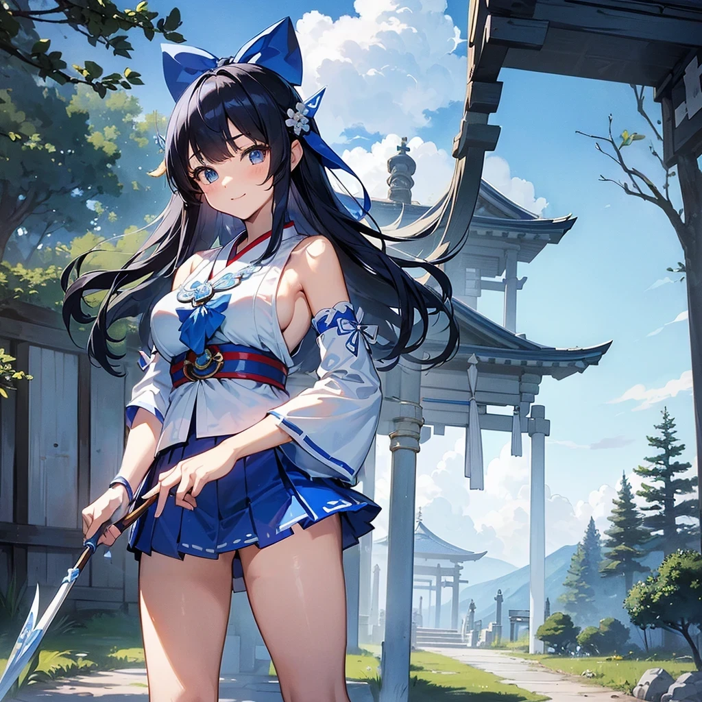 masterpiece,Highest quality,High resolution,Super detailed,hyper quality, highly detailed, (((gripping Spear))), The best smile、(((White and blue shrine maiden outfit))), (((青いmicro mini skirt))), Big Breasts、Blue sleeves