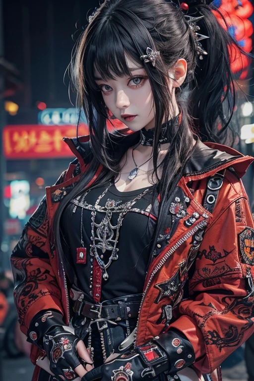 Highest quality、、masterpiece:1.3、Gothic Punk、red inside、Gray Black Hair、hair ornaments、beautiful girl、creative、Punk Shirt、Neogoth、Goth Fashion:1.2、High resolution、masterpiece、Highest quality、頭w:1.3、((Hasselblad Photos))、Fine skin、Sharp focus、(Cinema Lighting)、Explore Tokyo'The city at night beyond the neon lights, Forehead open, 29-year-old、Petting'Hair back、Shoulder Bare、Small red rose tattoo on the décolletage