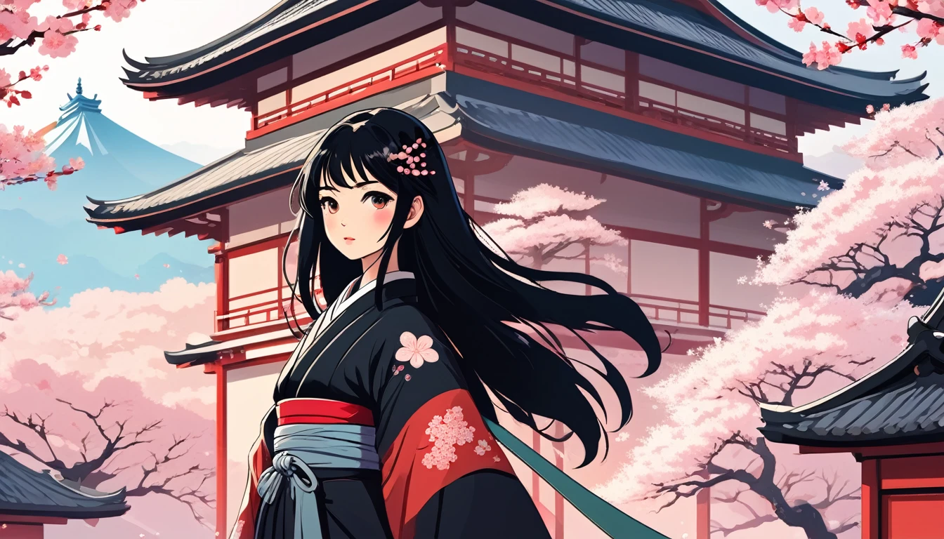 Female Samurai,Long black hair、Background is cherry blossoms and a Japanese temple、 Wide-angle lens, Lofi Anime, Lofi illustration, Aesthetic atmosphere, Lo-Fi Style, Vector art, Flat Design, Simple shape, Warm tones, Pleasant atmosphere, Chill, In anime style, Digital drawing, Vector art, Vector logo for t-shirt printing, (Adorable:1.5), (small:1.4), (Playful:1.2), (soft:1.3), (Whimsical:1.1), masterpiece, Highest quality, 8K, Intricate details, grow, Celestial, Mysterious, Picturesque, amazing, Majestic, Magic, Fantasy art, Cover art, dream-like