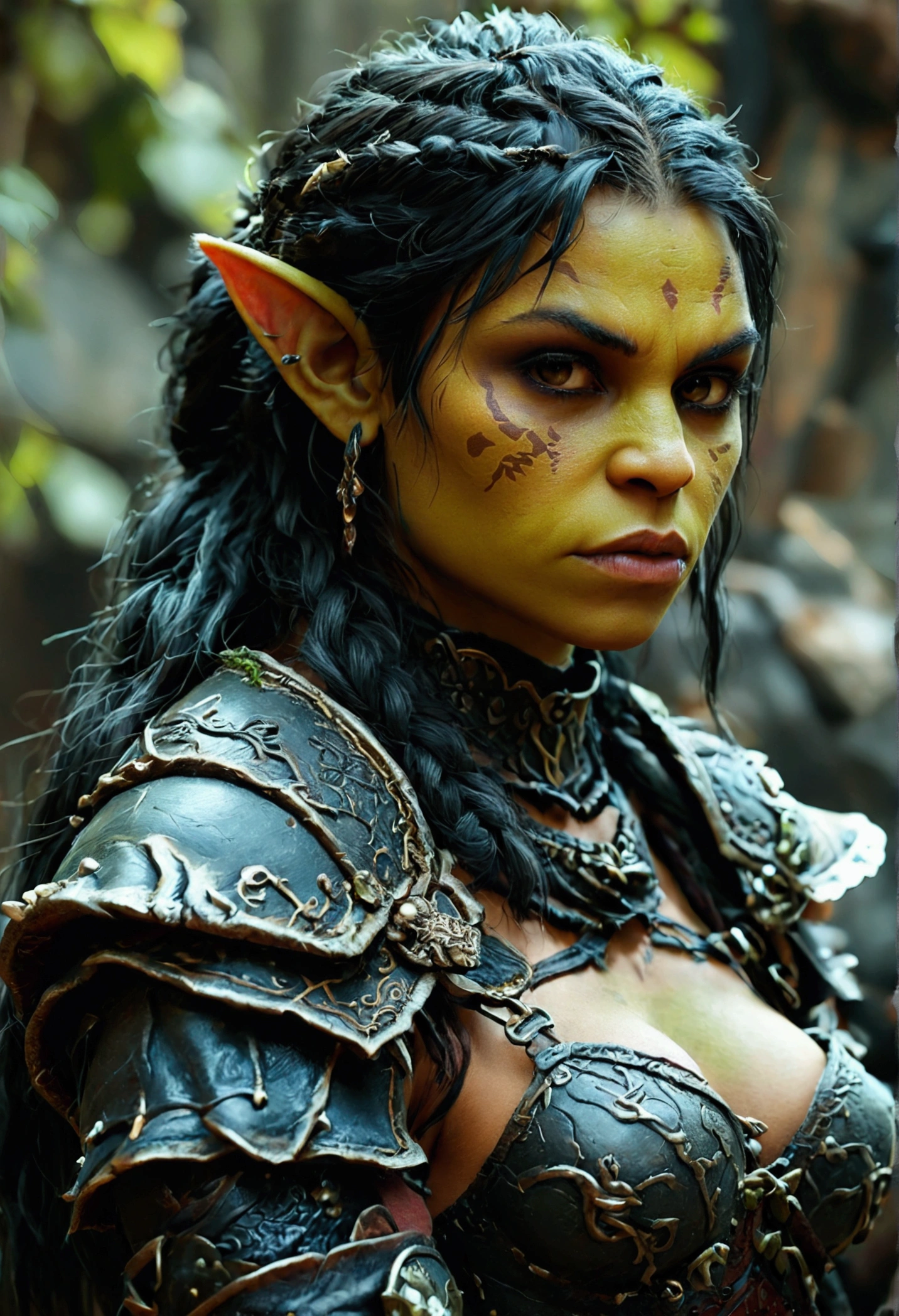 Orc, female, latin, black leagwear, pretty, RPG