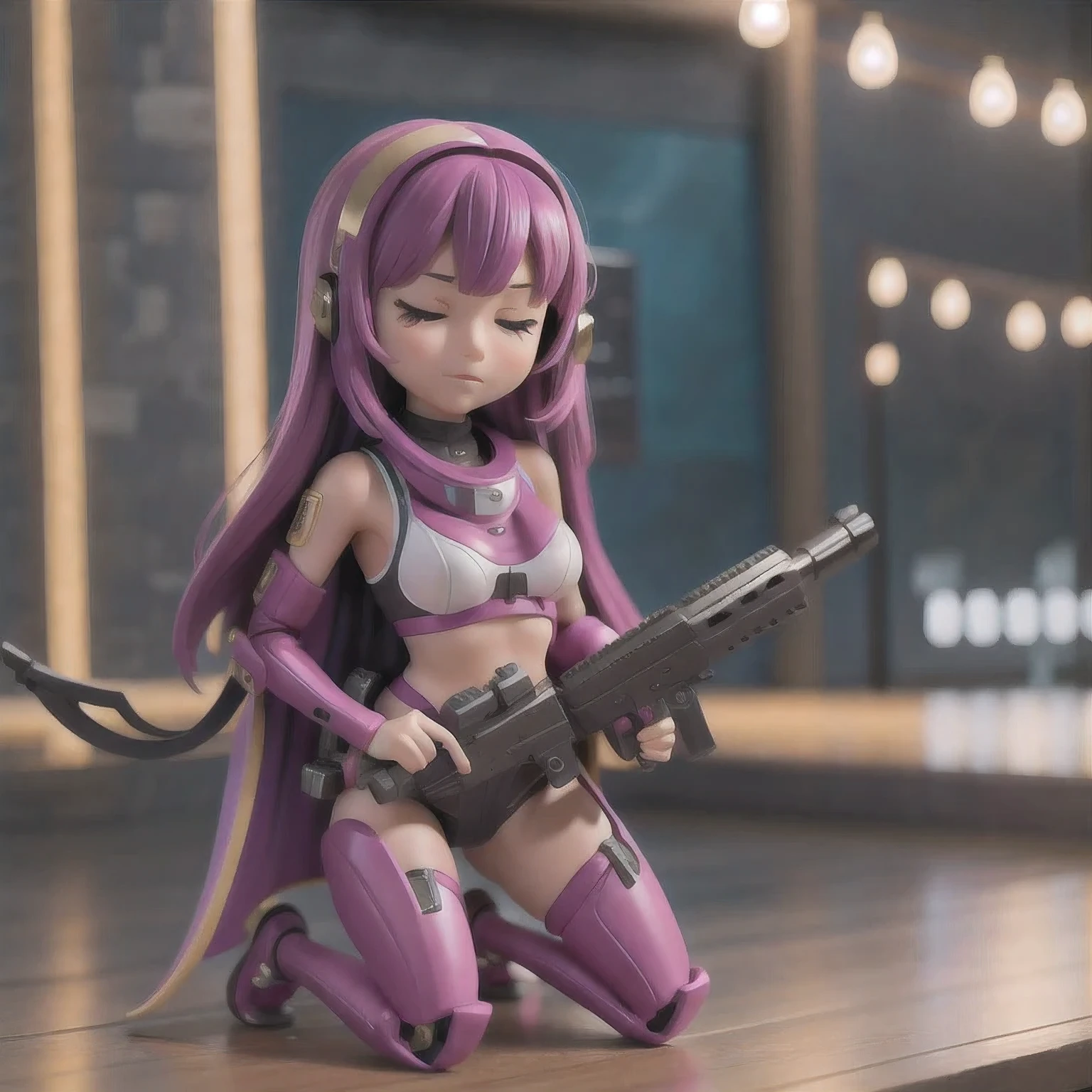 fish
1girl
bangs
blurry
blurry background
blurry foreground
breasts
brown eyes
closed mouth
depth of field
gun
long hair
looking at viewer
mecha
mole
motion blur
multicolored hair
pink hair
smile
solo
thigh strap