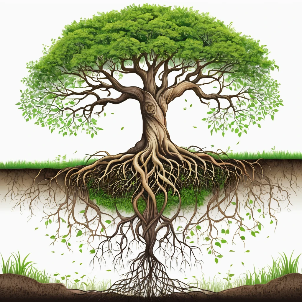 a tree with roots and grass on a white background royalty illustration, tall root tree background, tree of Life seed of doubt, rooted lineage, roots, tree roots, root system, High contrast illustrations, covered with roots, Looks like a tree silhouette, dark roots, the tree of Life, Very detailed illustrations, Detailed outline, tree of Life, root