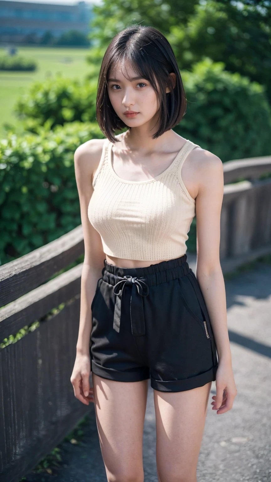 21 years old female, long hair, RAW photo, bokeh (realism: 1.4, realistic), high detail CG unified 8K wallpaper, 1girl, ((slim body: 1)), (natural big breast:1.2), back to viewer, ((direct view from the front)), (HQ skin: 1.4), 8k uhd, dslr, soft light, high quality, film grain, Fujifilm XT3, ((knit crop tank top, black short pants)), ((outdoor, at park))), portrait,((Layered medium Haircut, black hire)), (looking at viewer:1.4), (((aerial shot, photo up to the knee))), (((standing))),((height 165cm))
