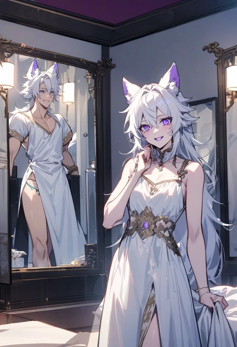 create panel in the art style of mo dao zu shi hybrid character with wolf ears,masculine and dominant gender, short wolfcut white hair , purple raven iris eyes,pale skin, wearing a sexy dress looking in a dressing room mirror with a cheerful smile 