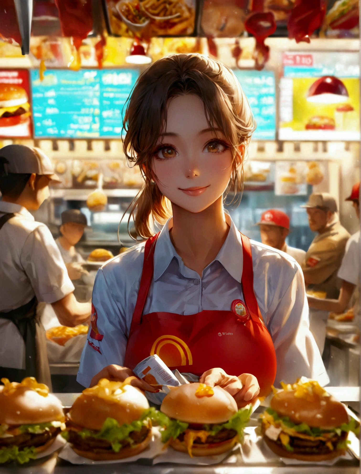 Aphotorealistic, ultra-detailed representation of a dedicated fast food worker serving customers behind the counter in an upper body shot. The individual, showcasing a genuine smile, is skillfully multitasking, handling various orders with precision and attention to detail. Their uniform, emblazoned with the familiar logos of the fast food chain, is worn neatly, and their hands move with dexterity as they assemble meals. The background is a blur of movement, customers lining up to place their orders. The scene is brightly lit, highlighting the worker's focused expression and the intricate mechanisms of the fast food assembly line. The image is shot in 8K UHD, gigantic breasts, giga_busty