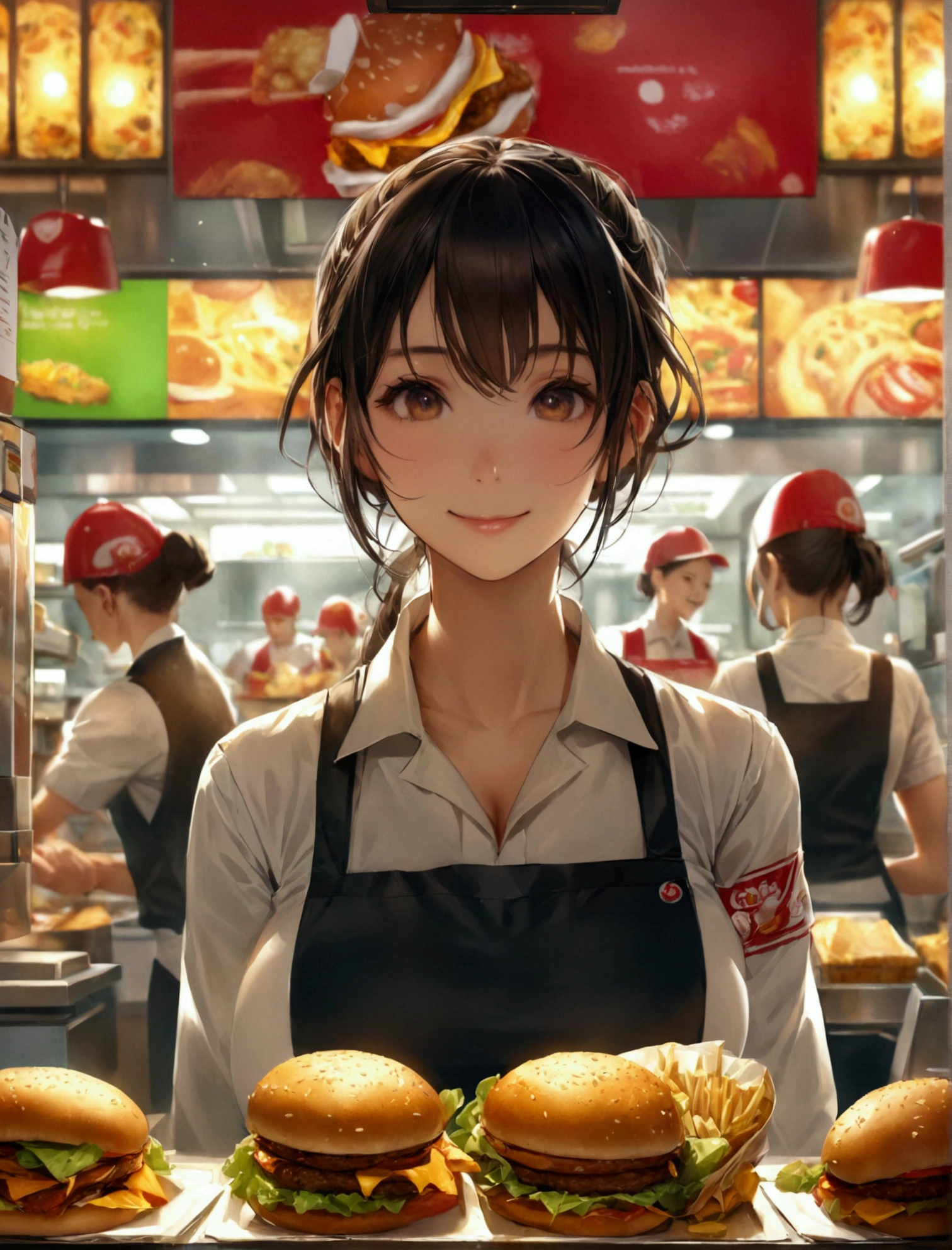 Aphotorealistic, ultra-detailed representation of a dedicated fast food worker serving customers behind the counter in an upper body shot. The individual, showcasing a genuine smile, is skillfully multitasking, handling various orders with precision and attention to detail. Their uniform, emblazoned with the familiar logos of the fast food chain, is worn neatly, and their hands move with dexterity as they assemble meals. The background is a blur of movement, customers lining up to place their orders. The scene is brightly lit, highlighting the worker's focused expression and the intricate mechanisms of the fast food assembly line. The image is shot in 8K UHD, gigantic breasts, giga_busty