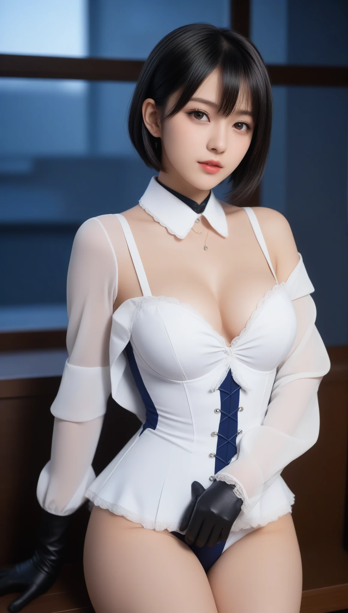 8K, Ultra-high resolution, Highest quality, masterpiece, 三分割法によるphotograph,Surreal, photograph, 1 Girl, (:1.3), pretty girl, Cute face, Beautiful eyes in every detail, 細かくdetailedに,masterpiece,One Girl:1.2, Japan Female Announcer, masterpiece, Beautiful art, Professional Artist, 8K, 非常にdetailedな顔, detailedな衣服, detailedな生地, 1 Girl, Soul fulfillment \(Honkai Impact 3\), Front view, Are standing, Perfectly drawn body, Embarrassed look, Pale skin, Beautiful Face, Short dark blue hair, 4K eyes, Very fine grain, Pink Cheeks, choker:1.6, (White long sleeve button down shirt with white collar), Black gloves, Gloves to cover your hands, (Black leather corset), (shiny black leggings), Sensual lips , Winter Night, 目のdetailedを見せる, Looking at the audience, Elegant Room, At night,Beautiful leg line beauty,Looking at the audience、beauty,Long neck、(((Ideal body type))),A cup small breasts :2,、Portraiture:2、Perfect Anatomy、鮮明なdetailed、detailed、Surreal、Light and shadow,Strong light