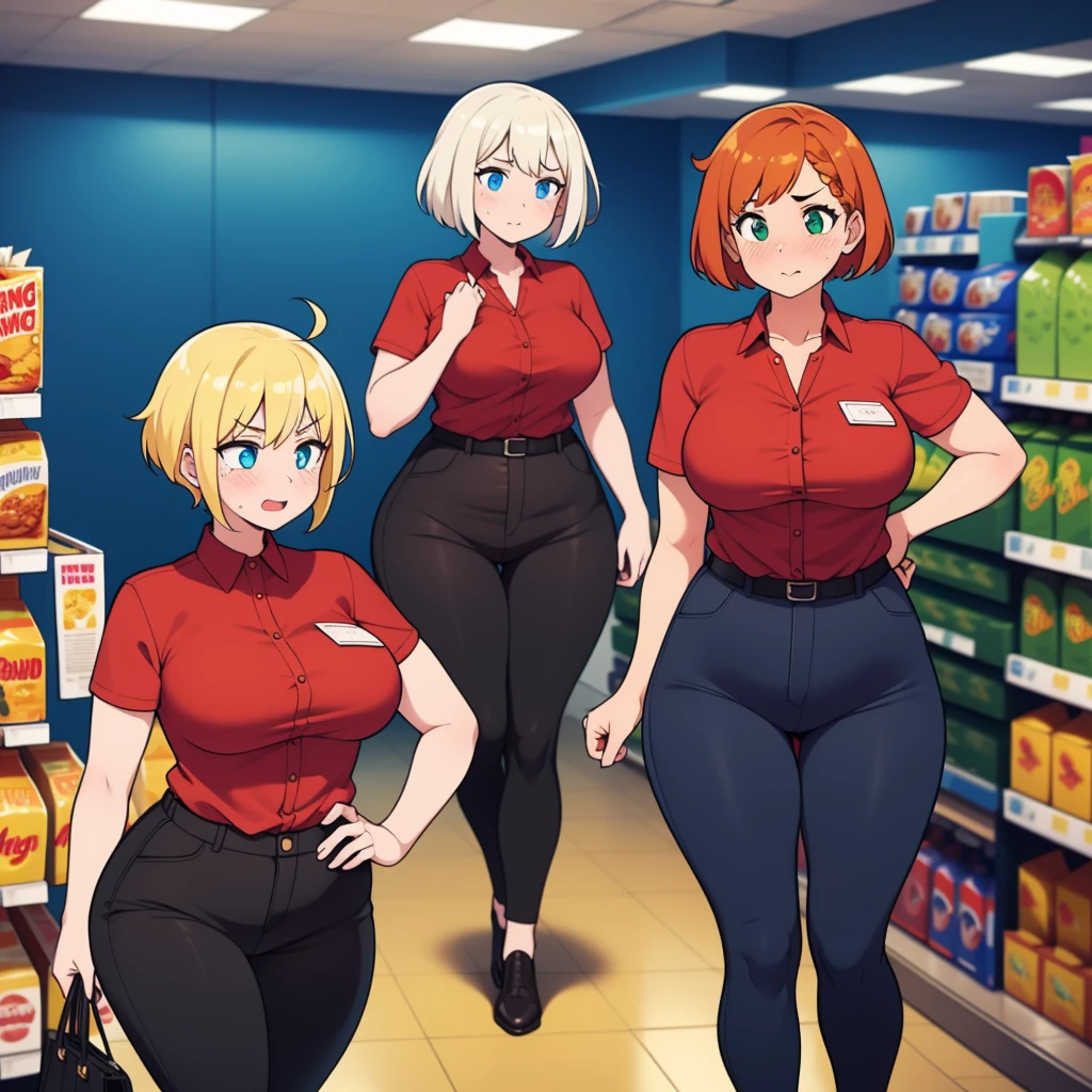 ((highres)), Masterpiece, high quality, best quality, beautiful, perfect lighting, detailed face, ultra cute face, ((2girls)), ((blush)), one girl has blonde hair, blue eyes, red shirt, black pants, work uniform, one girl has orange hair, green eyes, red shirt, black pants, work uniform ,tight clothes, super market, medium breasts, perky breasts, wide hips, (thick thighs), plump, standing next to each other,