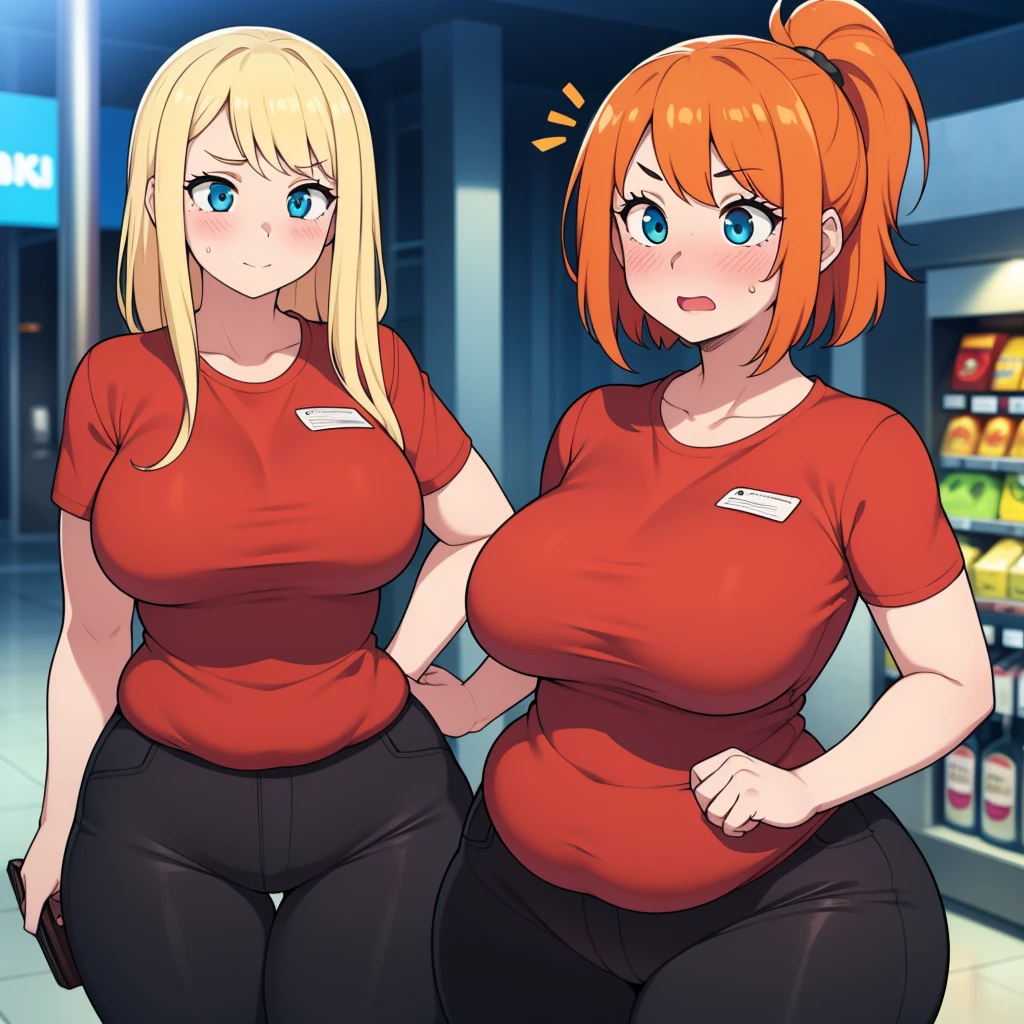 ((highres)), Masterpiece, high quality, best quality, beautiful, perfect lighting, detailed face, ultra cute face, ((2girls)), ((blush)), one girl has blonde hair, blue eyes, red shirt, black pants, work uniform, one girl has orange hair, green eyes, red shirt, black pants, work uniform ,tight clothes, super market, medium breasts, perky breasts, wide hips, (thick thighs), plump, standing next to each other,