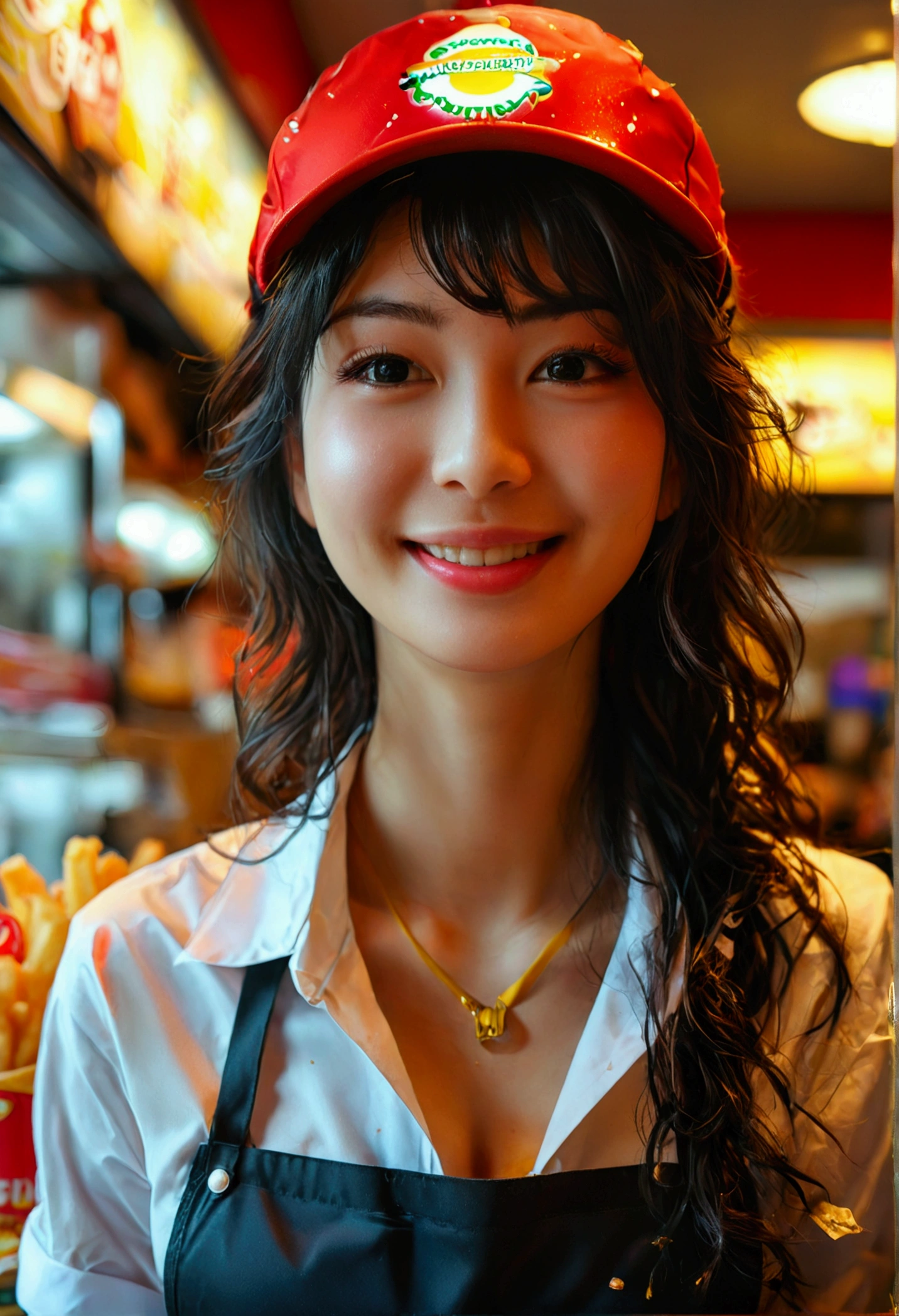 Highest quality, Super quality, 16K, Incredibly absurd, Very detailed, delicate and dynamic, SFW, Natural light, , Diffuse reflection of light, Vortex of Light, In-store pop, , Fast food restaurants, McDonald, hamburger, Sparkling, Create amazing image effects, Kitchen, Upper body close-up, (cute sexy girl, huge bouncing busts, sexy long legs, hamburgerショップの店員, Sensual expression, fine, Active, smile, Cook the patties, hamburgerを作る, Frying French fries, paper bag, Busy, Sweaty, black long hair, hamburgerショップのUniform, Store clerk uniform, hamburgerショップ店員の帽子をかぶる,)