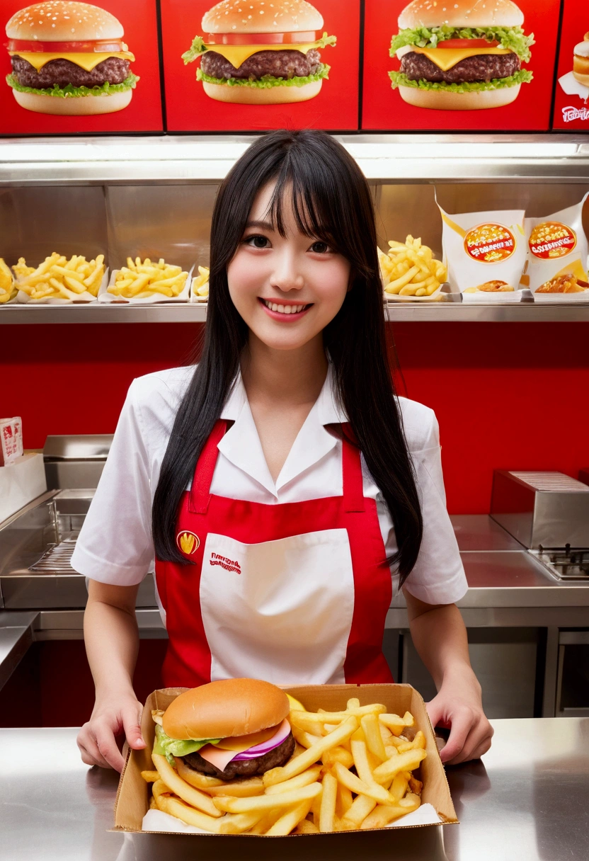 Highest quality, Super quality, 16K, Incredibly absurd, Very detailed, delicate and dynamic, SFW, Natural light, , Diffuse reflection of light, Vortex of Light, In-store pop, , Fast food restaurants, McDonald, hamburger, Sparkling, Create amazing image effects, Kitchen, Upper body close-up, (cute sexy girl, big bouncing busts, sexy long legs, hamburgerショップの店員, Sensual expression, fine, Active, smile, Cook the patties, hamburgerを作る, Frying French fries, paper bag, Busy, Sweaty, black long hair, hamburgerショップのUniform, Store clerk uniform, hamburgerショップ店員の帽子をかぶる,)