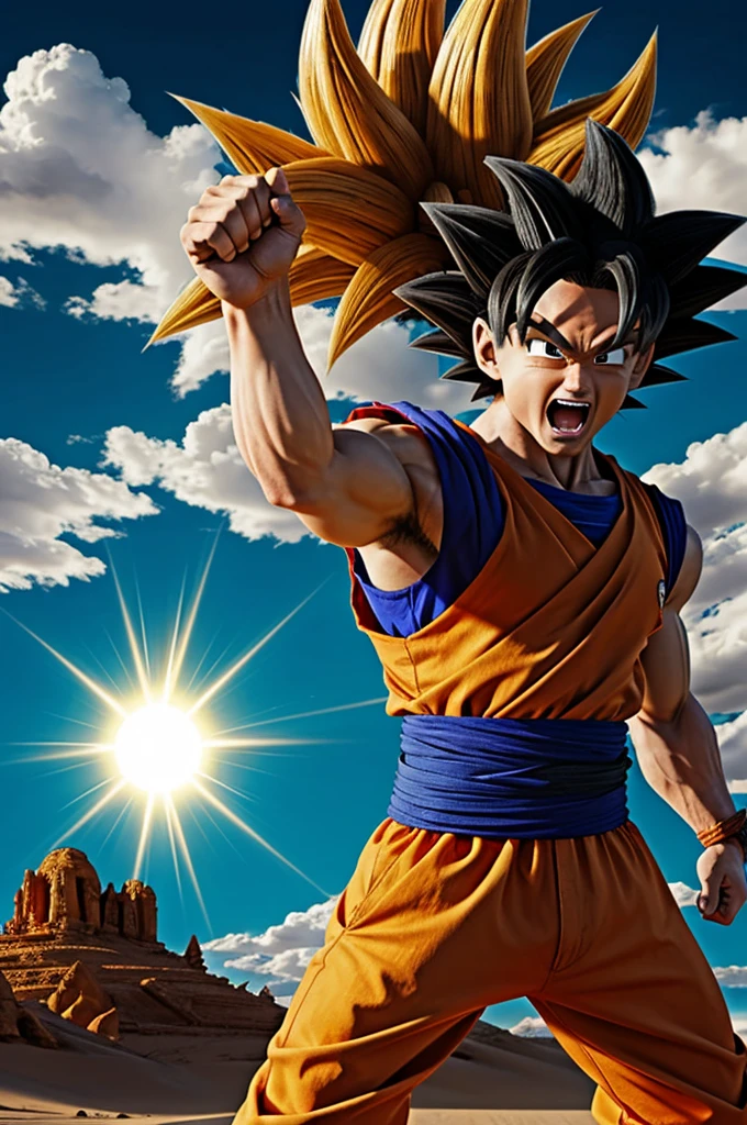 Dragon Ball Goku is running through the desert with his mouth open, Son Goku, Frame from the robot Goku movie., Goku como un hombre asiático, Goku from Dragon Ball, Goku luchando contra jesus, human Goku, Dragon Ball concept art, Goku, Goku from Dragon Ball z, Goku de dragon ball z, Female Goku, personaje de Dragon Ball, Dragon Ball, retrato de Goku