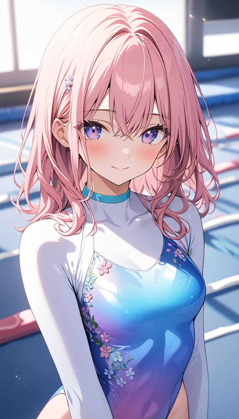 highquality illustration, masterpiece, very delicate and beautiful, attractive girl,(gymnastics leotard, Floral patterns leotard,long sleeve leotard with glittery decoration,high_leg leotard,athletic leotard,tight-fit leotard,iridescent gradient leotard,long-sleeve leotard),thin,slender body,slim,high school,gymnasium background,gymnastics club,gymnastics athlete,princess, beautiful eyes,light smile,(masterpiece, best quality:1.2), highres, extremely detailed CG unity 8k wallpaper, perfect lighting, Colourful, ultra-high res,4K,ultra-detailed, photography, 8K, HDR, 17 ages,cowboy shot,