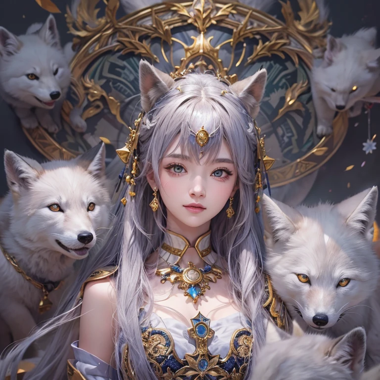 Hiding in an ancient shrine、Hair flow、 ((Highest quality、masterpiece、8K、Best image quality、Ultra-high resolution、Award-winning works)、(Accurate anatomy:1.1)、(Look at me and smile:1.1)、Shining fair skin with Ultra-high resolution、The most detailed face、Ultra-high resolution detailed face、Ultra-high resolutionの髪の毛、(Ultra-high resolutionの煌めく瞳:1.1)、Beautiful face drawn in every detail、(Blurred Background:1.1)、Ancient maiden costume, Chest to chest, tattoo、Arctic fox