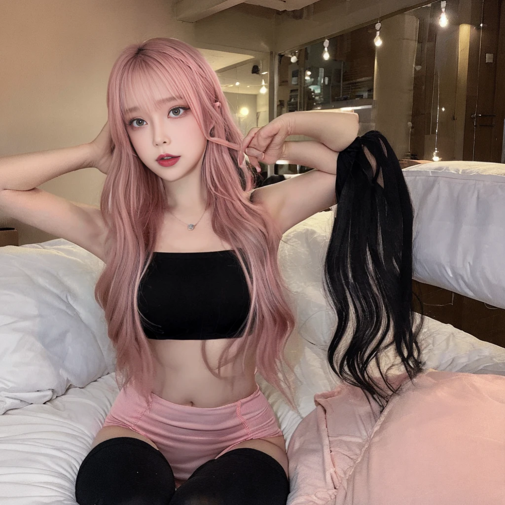 full body,a anime girl sitting spread legs on the bed, 1girl,{topless:1.1},solo,navel, open mouth, looking at viewer,shirt, large breasts,blush,{embarrassed:1.5},{gal:1.5},front shot,pink bra,pink panties,front shot,center,black hair,medium breasts,light pink eyes