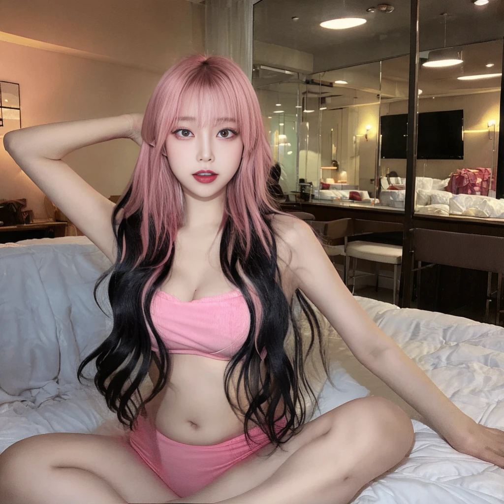 full body,a anime girl sitting spread legs on the bed, 1girl,{topless:1.1},solo,navel, open mouth, looking at viewer,shirt, large breasts,blush,{embarrassed:1.5},{gal:1.5},front shot,pink bra,pink panties,front shot,center,black hair,medium breasts,light pink eyes