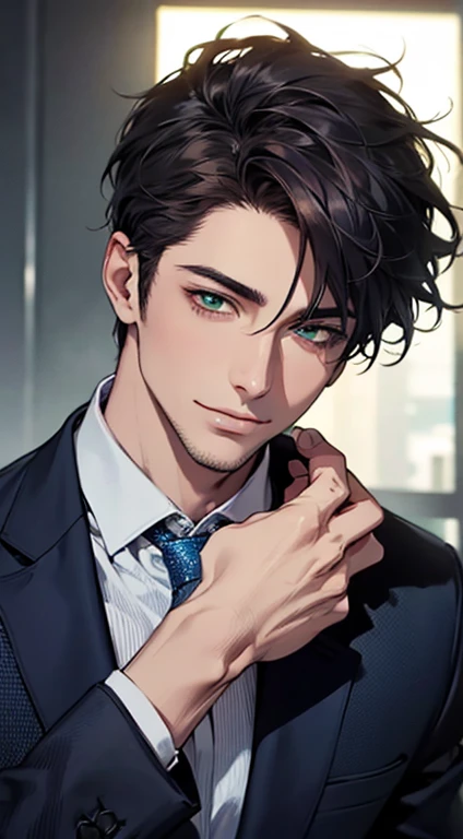 (Highest quality,4K,8K,High resolution,masterpiece:1.2),Super detailed,(Realistic,photoRealistic,photo-Realistic:1.37),1 person,34 years old,Mature Men,Beautiful skin、very handsome,Expressionless smile in love,Short dark blue hair,green eyes,Sharp Eyes,A perfect face without a doubt,Businessman,Office Background,Cinema Lighting,HDR image,tie、