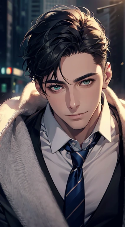 (Highest quality,4K,8K,High resolution,masterpiece:1.2),Super detailed,(Realistic,photoRealistic,photo-Realistic:1.37),1 person,34 years old,Mature Men,Beautiful skin、very handsome,Expressionless smile in love,Short dark blue hair,green eyes,Sharp Eyes,A perfect face without a doubt,Businessman,Office Background,Cinema Lighting,HDR image,tie、