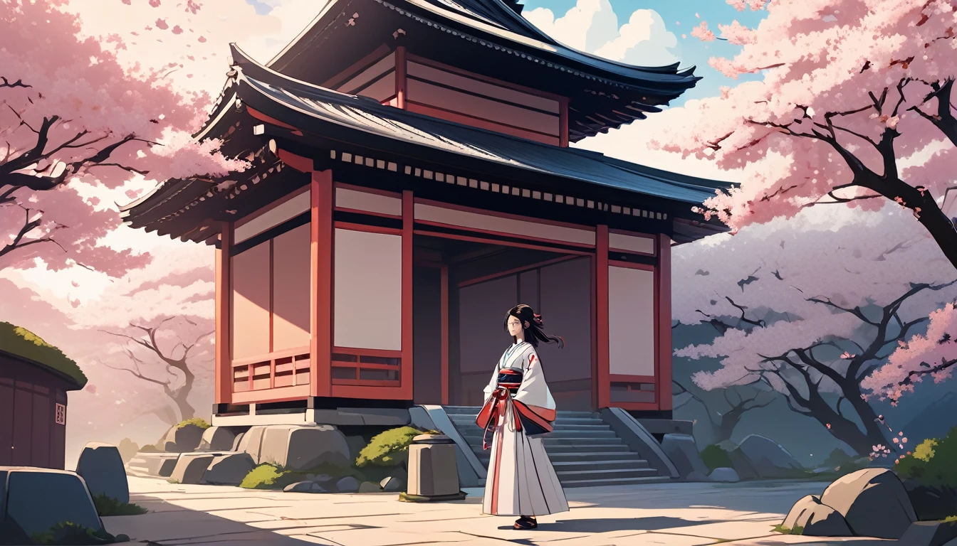Female Samurai,、Background is cherry blossoms and a Japanese temple、 Wide-angle lens, Lofi Anime, Lofi illustration, Aesthetic atmosphere, Lo-Fi Style, Vector art, Flat Design, Simple shape, Warm tones, Pleasant atmosphere, Chill, In anime style, Digital drawing, Vector art, Vector logo for t-shirt printing, (Adorable:1.5), (small:1.4), (Playful:1.2), (soft:1.3), (Whimsical:1.1), masterpiece, Highest quality, 8K, Intricate details, grow, Celestial, Mysterious, Picturesque, amazing, Majestic, Magic, Fantasy art, Cover art, dream-like