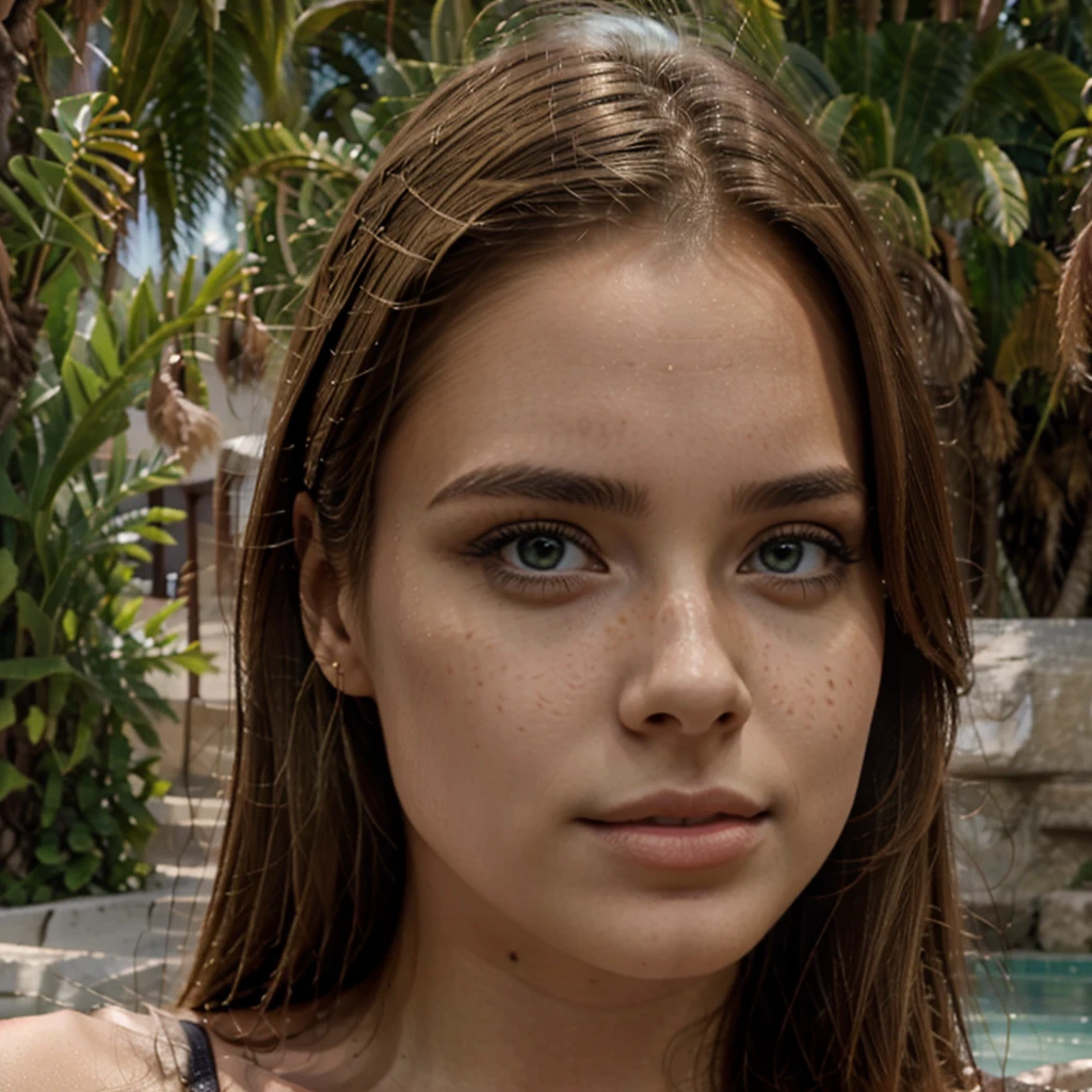 ultra realistic, cinematographic, perfect. Create the perfect face of a young woman, with light brown hair, light green eyes, artistic lips, delicate face with Greek features, delicate thin and freckled skin. Should not be made up, should look natural and serene.