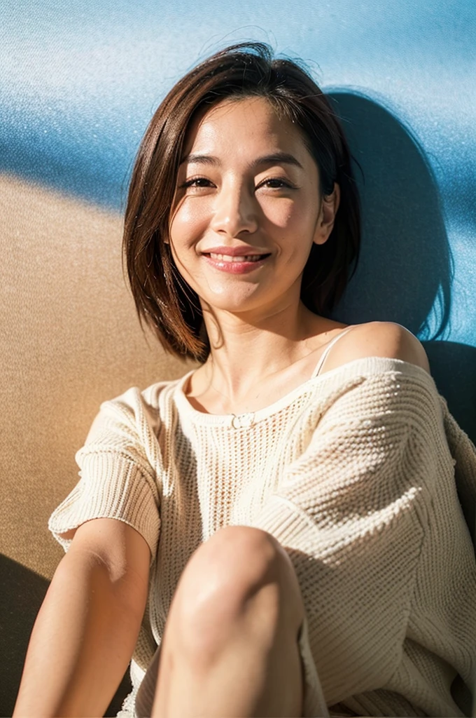 (8K、RAWE Photo、Highest quality、masterpiece:1.2)、(Real、Photorealistic:1.37)、Super detailed、Ultra-high resolution、1 girl、Beautiful detailed face、(Feather Cut: 0.6)、Professional Lighting、The lighting is bright、actress、model、Japanese、Full body、Wide-angle shot、Daytime、bright、 simple background ,Simple Background、Model posing, full body , cowboy shot ,40-year-old woman、Mature Woman、smile、Left arm slightly raised、