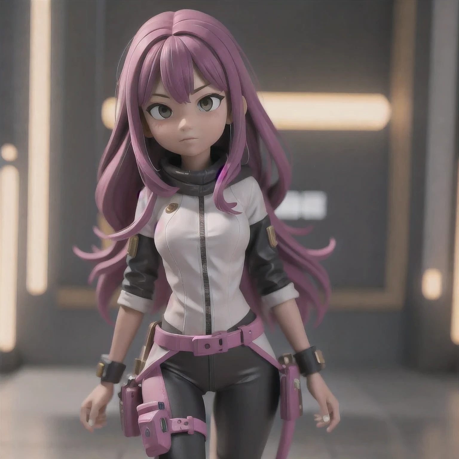 fish
1girl
bangs
blurry
blurry background
blurry foreground
breasts
brown eyes
closed mouth
depth of field
gun
long hair
looking at viewer
mecha
mole
motion blur
multicolored hair
pink hair
smile
solo
thigh strap