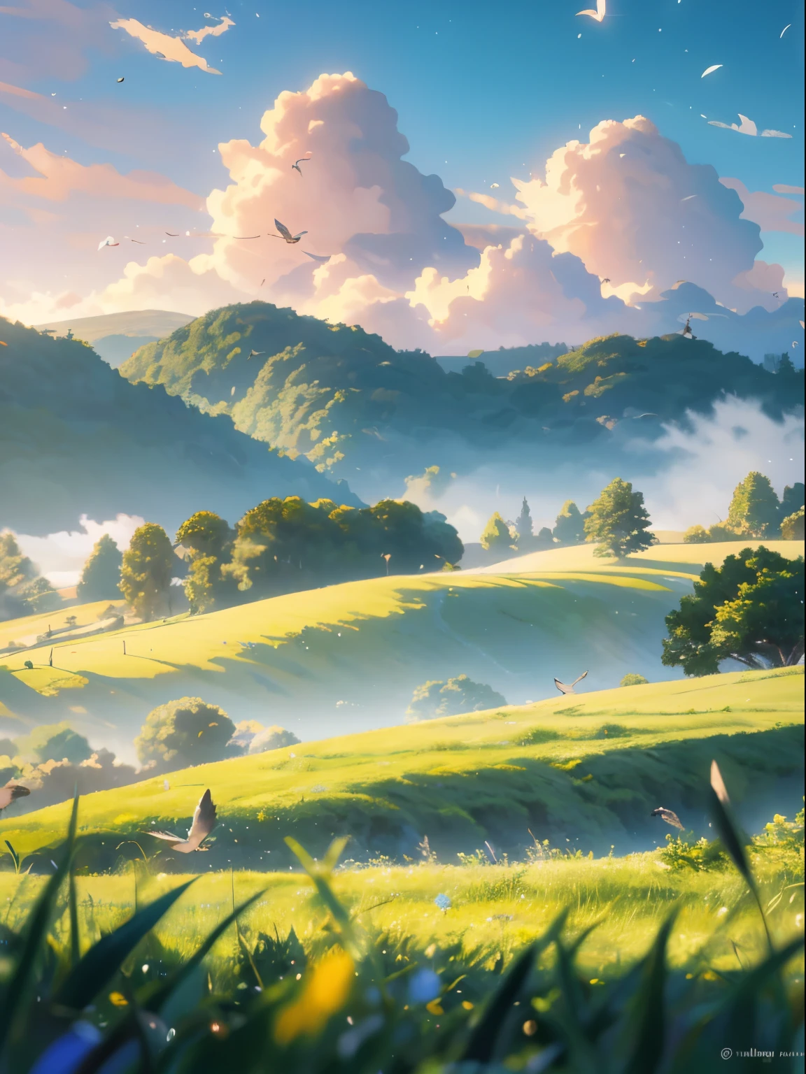Detailed anime wallpaper, Cute anime style, Peaceful morning scene in the picturesque countryside, A feeling of freshness and new beginnings, 8K, (((masterpiece))), (best quality), Various natural colors, Gently rolling hills, Blue sky and soft clouds, Lush green fields, Morning dew glittering on the grass, warm sunlight, Birds flying, "Embrace the new day"