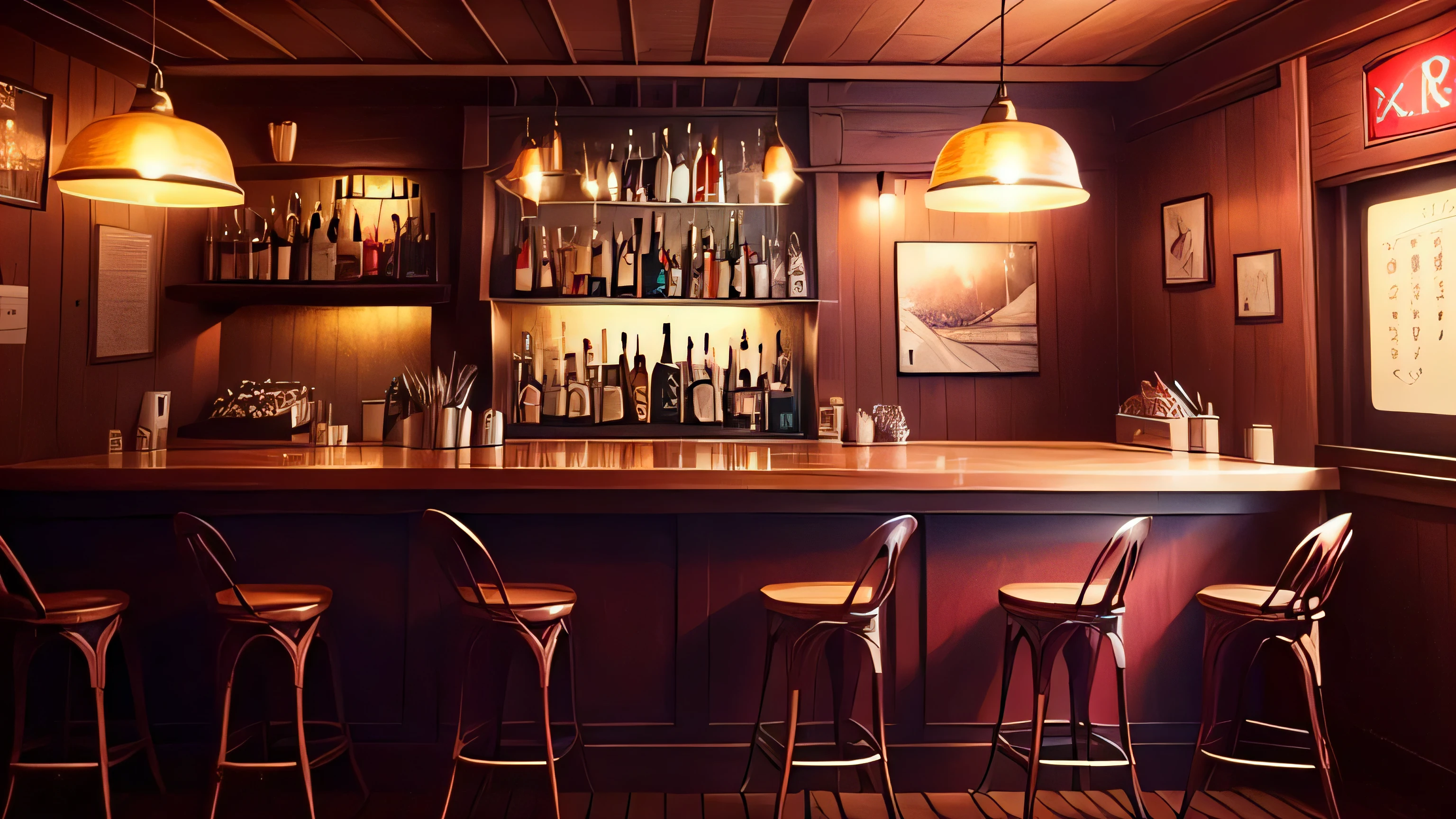 Afeteria tipo anime, with counter and chairs., Traditional bar interior, nice and cozy atmosphere,, cozy atmosphere, Cafés, warm and happy atmosphere, a medium plane, nostalgic atmosphere, Warm lighting inside, cozy atmosphere, elegant studio with warm lighting, brightly lit environment
